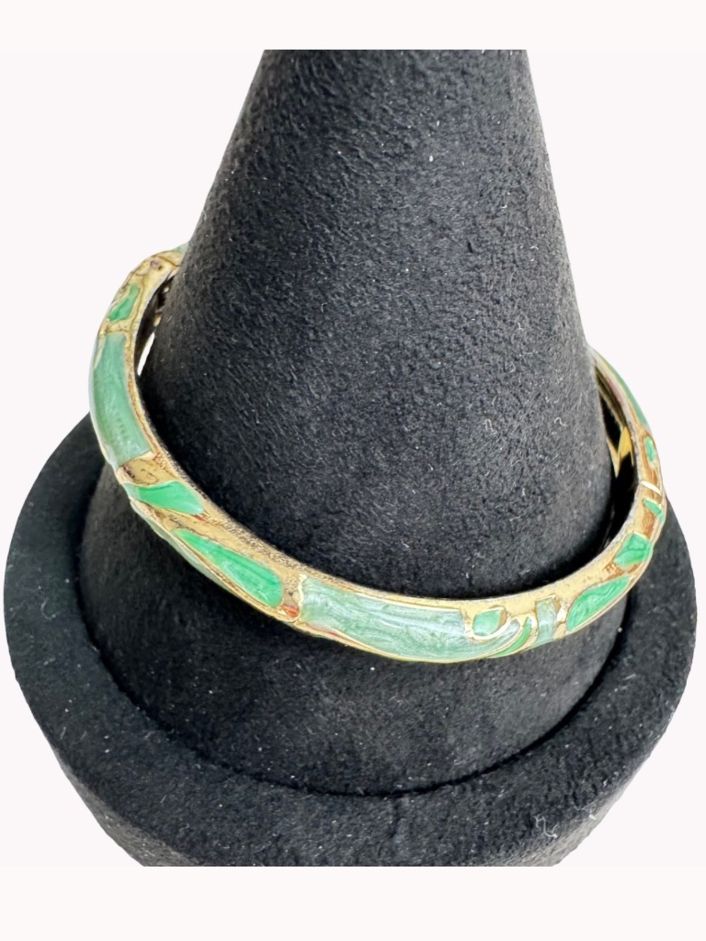 Vintage JTF Hinged Bangle Bracelet Green Enamel Gold Tone Leaf Vine Signed Gift